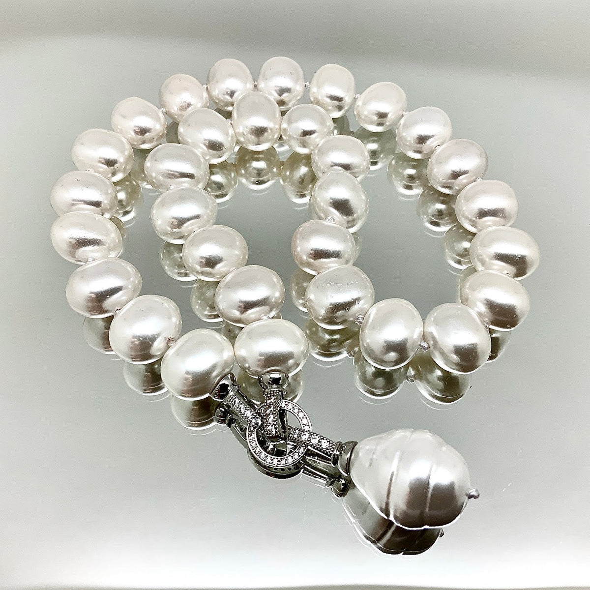3 Way Glass Shell Pearl Evening Necklace with Premium Crystal Elements