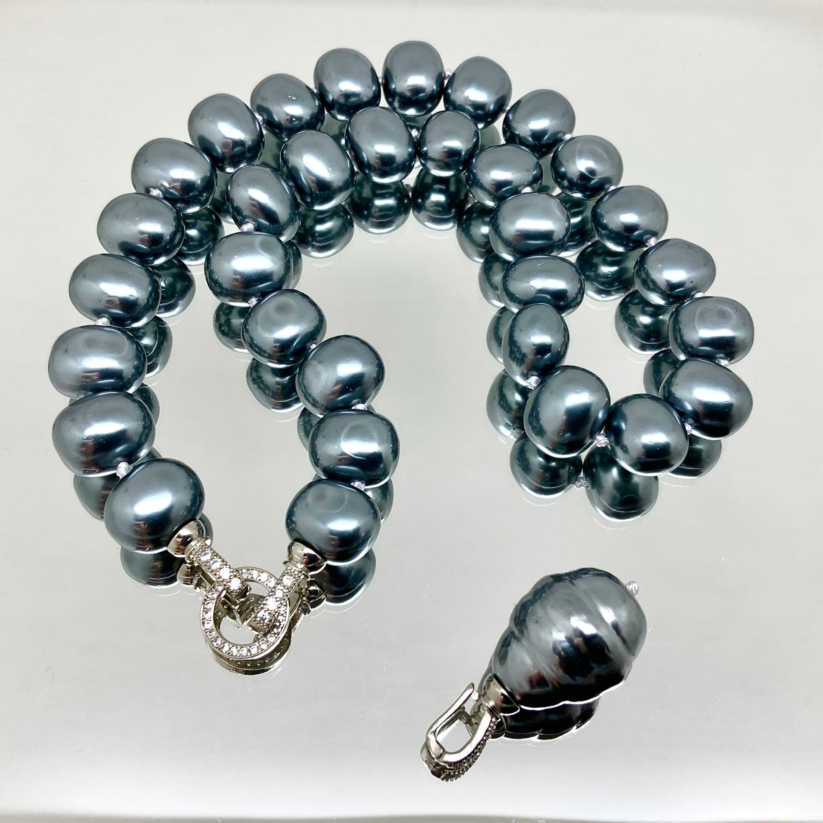 3 Way Glass Shell Pearl Evening Necklace with Premium Crystal Elements