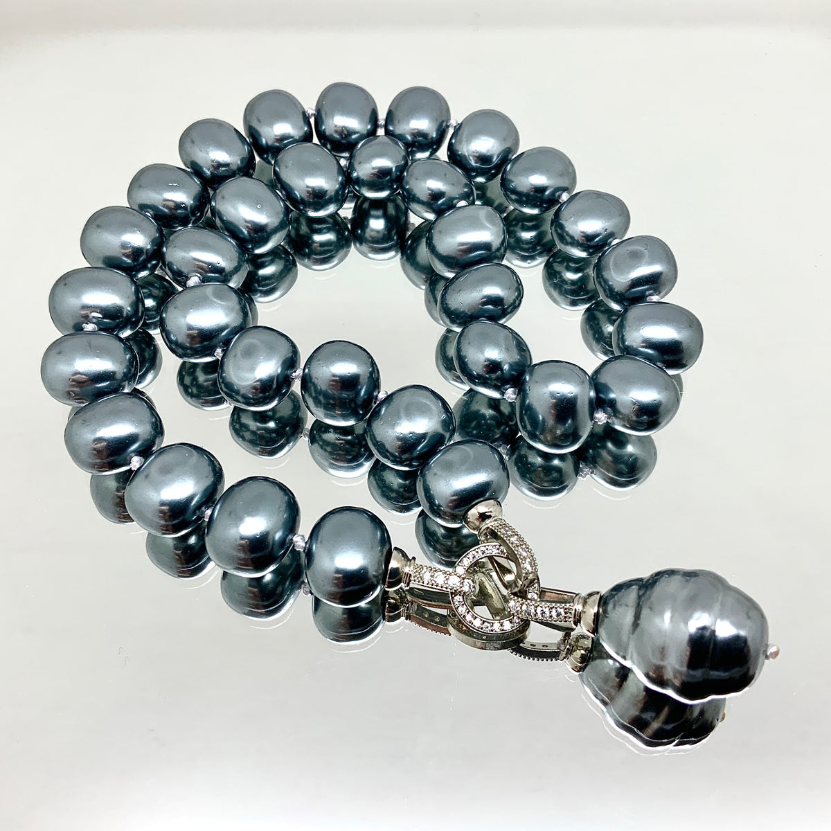 3 Way Glass Shell Pearl Evening Necklace with Premium Crystal Elements