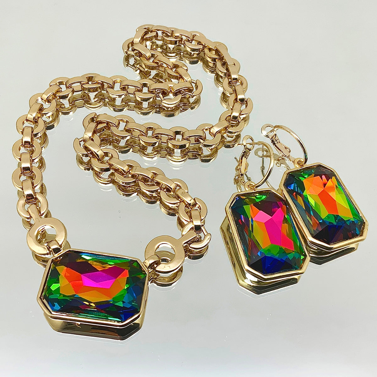 Large Emerald Cut Crystal Chain Set